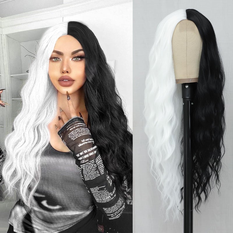BUPPLER Cosplay Long BlackWhite Wig 28 Inch Middle Part Synthetic Wig Realistic Gifts Party Wigs for Women Daily Use Colorful Wigs BlackWhite